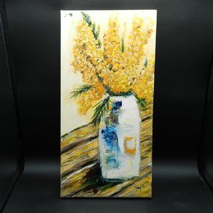 Yellow Flowers in Vase Original Painting on Canvas by Roxy
